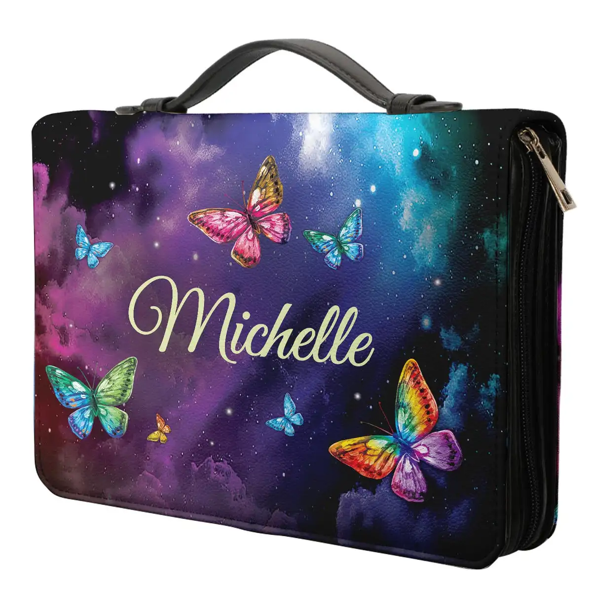 Women's PU Leather Bible Cover Be Still And Know That I Am God Butterflies Design Ladies Bible Storage Bags Custom Your Name Bag