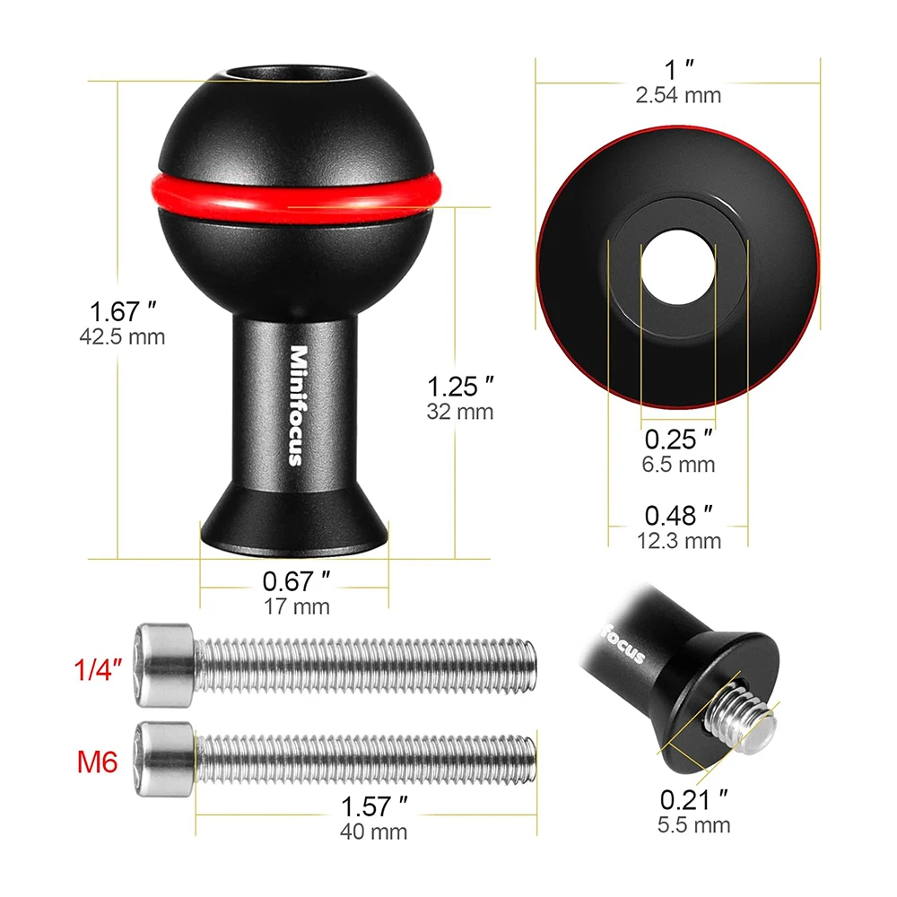 Ball Adapter 1'' inch M6 & 1/4''-20 Screw Ballhead Mount Underwater Tray Bracket Extended Flashlight Light Arm System