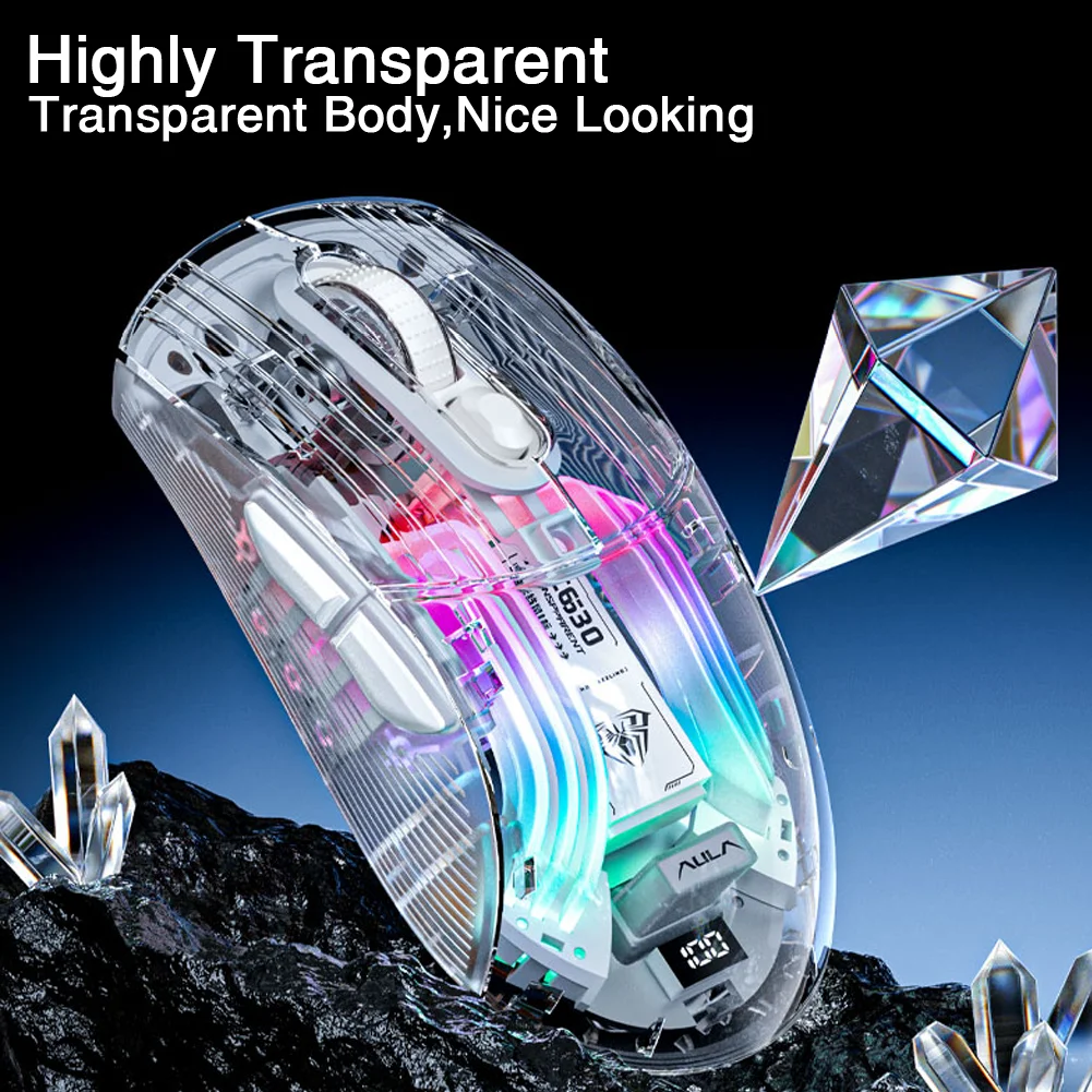 AULA SC630 Tri-mode Wireless RGB Mouse 4000 DPI Transparent 11 RGB Light Modes With Charging Base For Wireless Mouse Wireless Optical Mouse