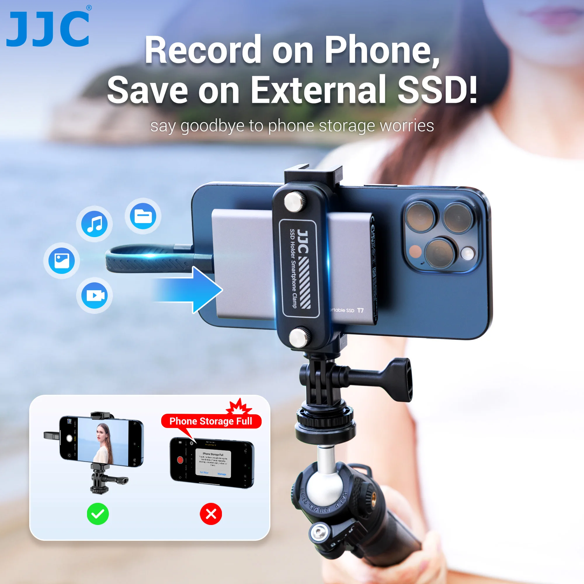 JJC 2-in-1 SSD Mount Bracket SSD Holder Smartphone Clamp Tripod Adapter For Samsung T7 For iPhone 15 14 13 Pro Max