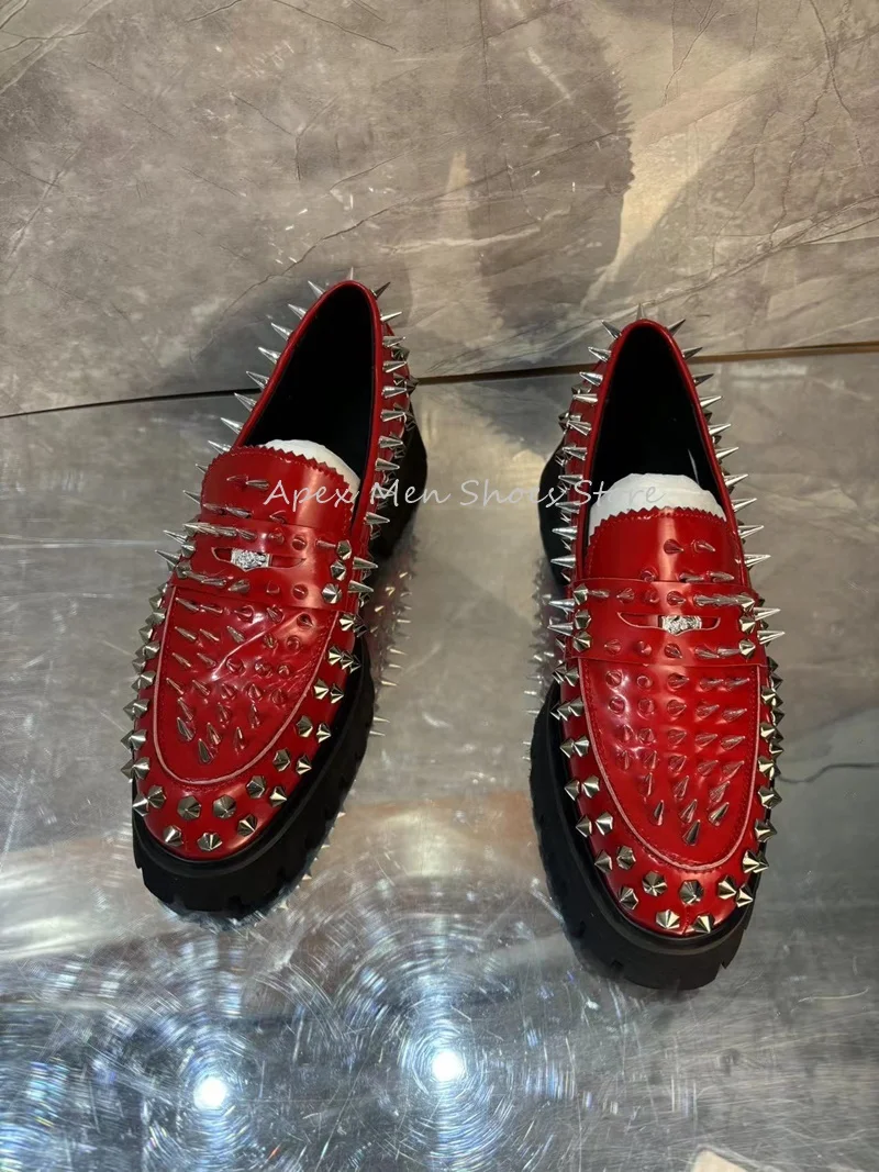 Spring Summer Red Business Casual Men's Shoes Banquet Dress Shoes Slip On Genuine Leather Oxford Rivet Design Trendy Loafers
