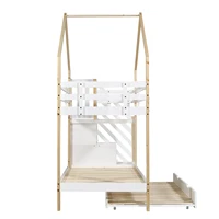 Lit superposé en forme de maison Comanlai avec escalier rangement et tiroir-lit, bois blanc/naturel, barrières de sécurité, lit triple 7