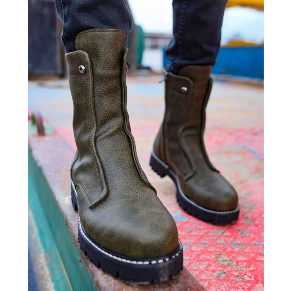 FOH Store Men's Boots GREEN Winter Season Slip On Fashion Outdoor Shoes High Super Quality Comfortable Italian Male Style New White Sewing Outsole Flexible Snow Big Sizes Sneakers Ankle Basic Desert Footwear 027