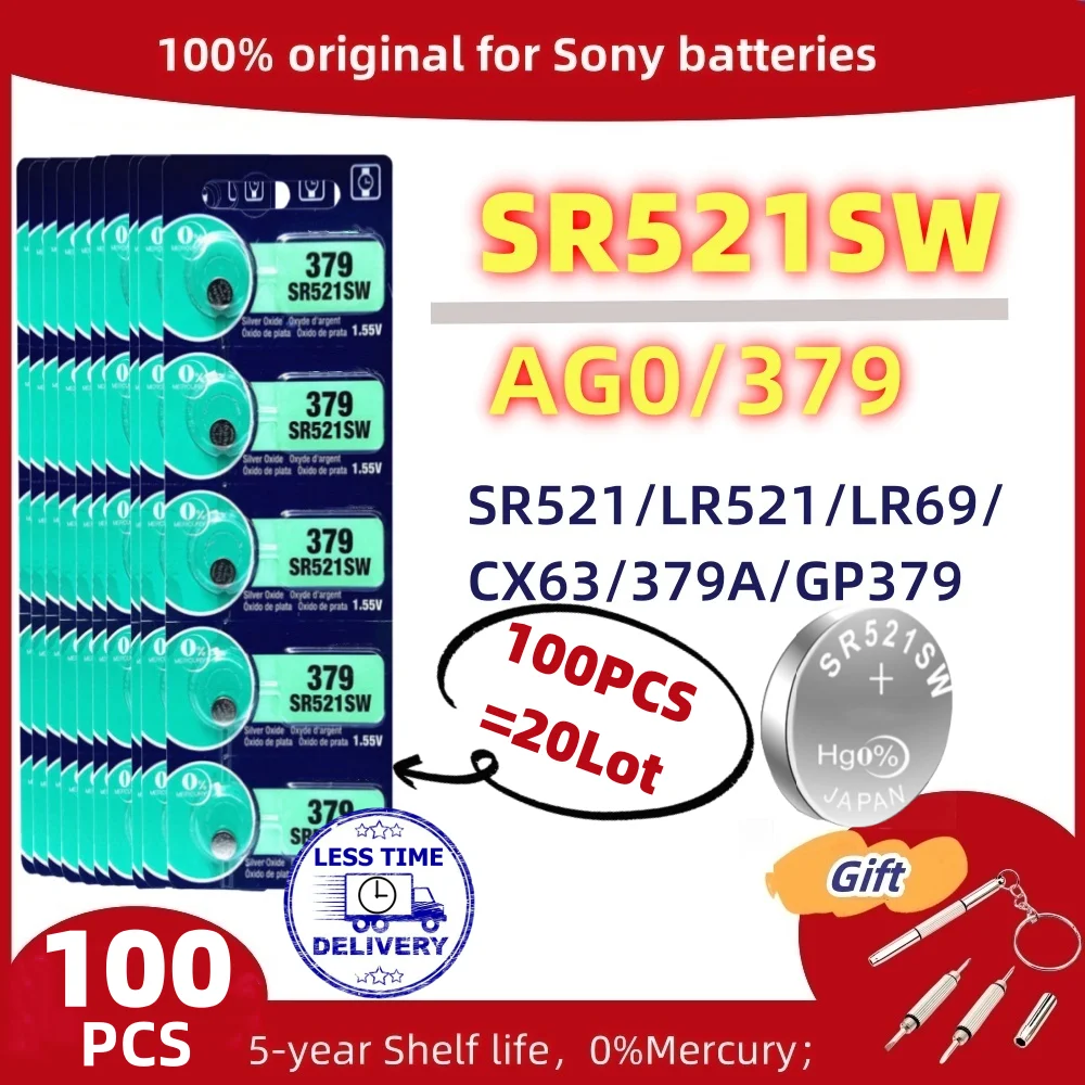 

100PCS Original Coin Cell For SONY LR521AG0 Alkaline Button Battery SR521SW 379 SR521 179 SR63 Watch for Keychain Flashlight