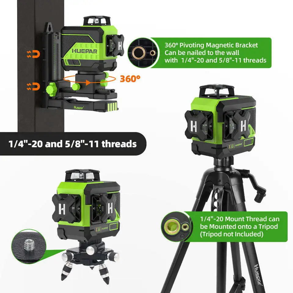 Niveau Laser Huepar Z03CG 3D Vert Bluetooth - 2 Batteries, 2 Supports, Télécommande