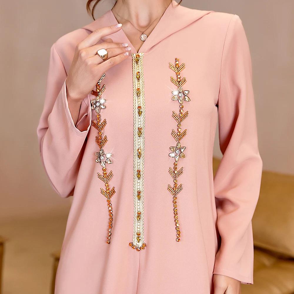 BA309 new leather powder hooded dress hand inlaid diamond long skirt