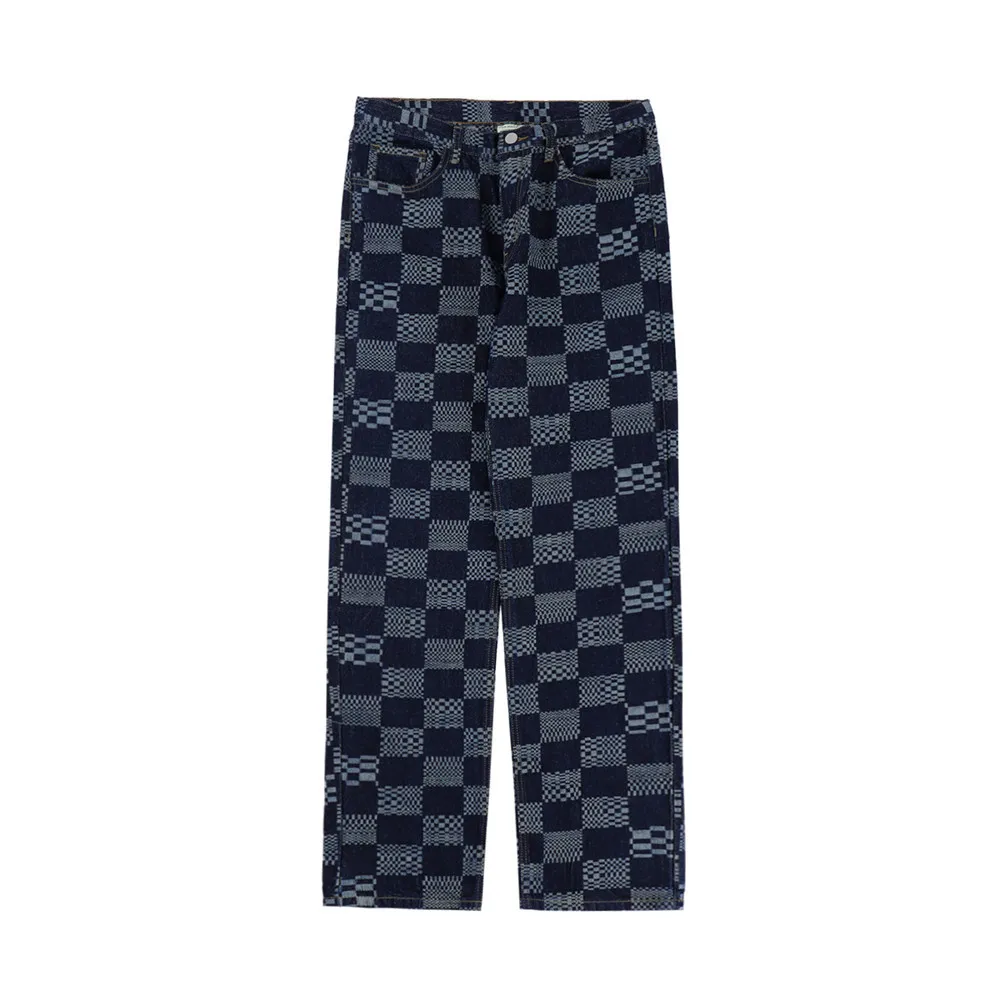 

Checkerboard Print Jeans Men's High Street Retro Loose Straight Pants Trousers Trendy Brand Casual Cropped Pants Baggy Jeans