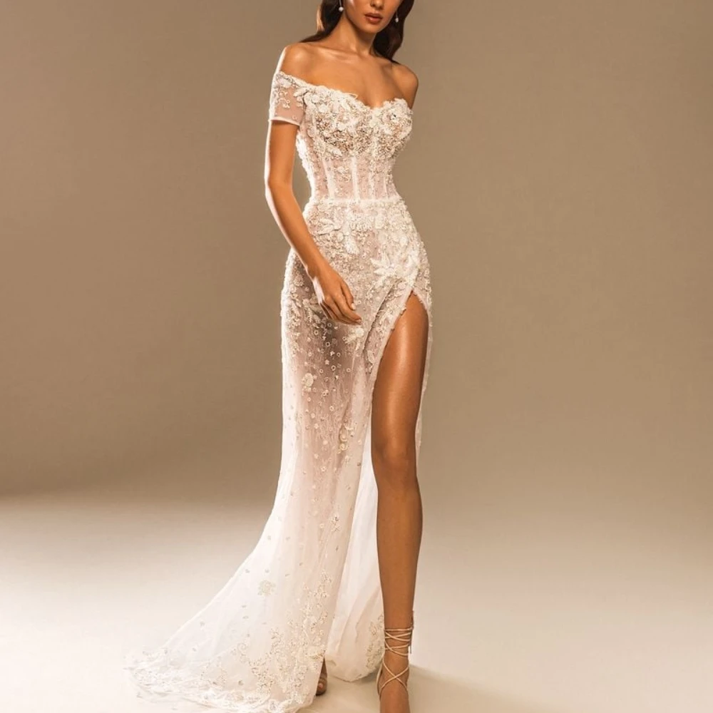 

Sexy Lace Illusion Wedding Dress Strapless High Split Bride Gowns Off The Shoulder Dresses Backless Vestidos De Novia