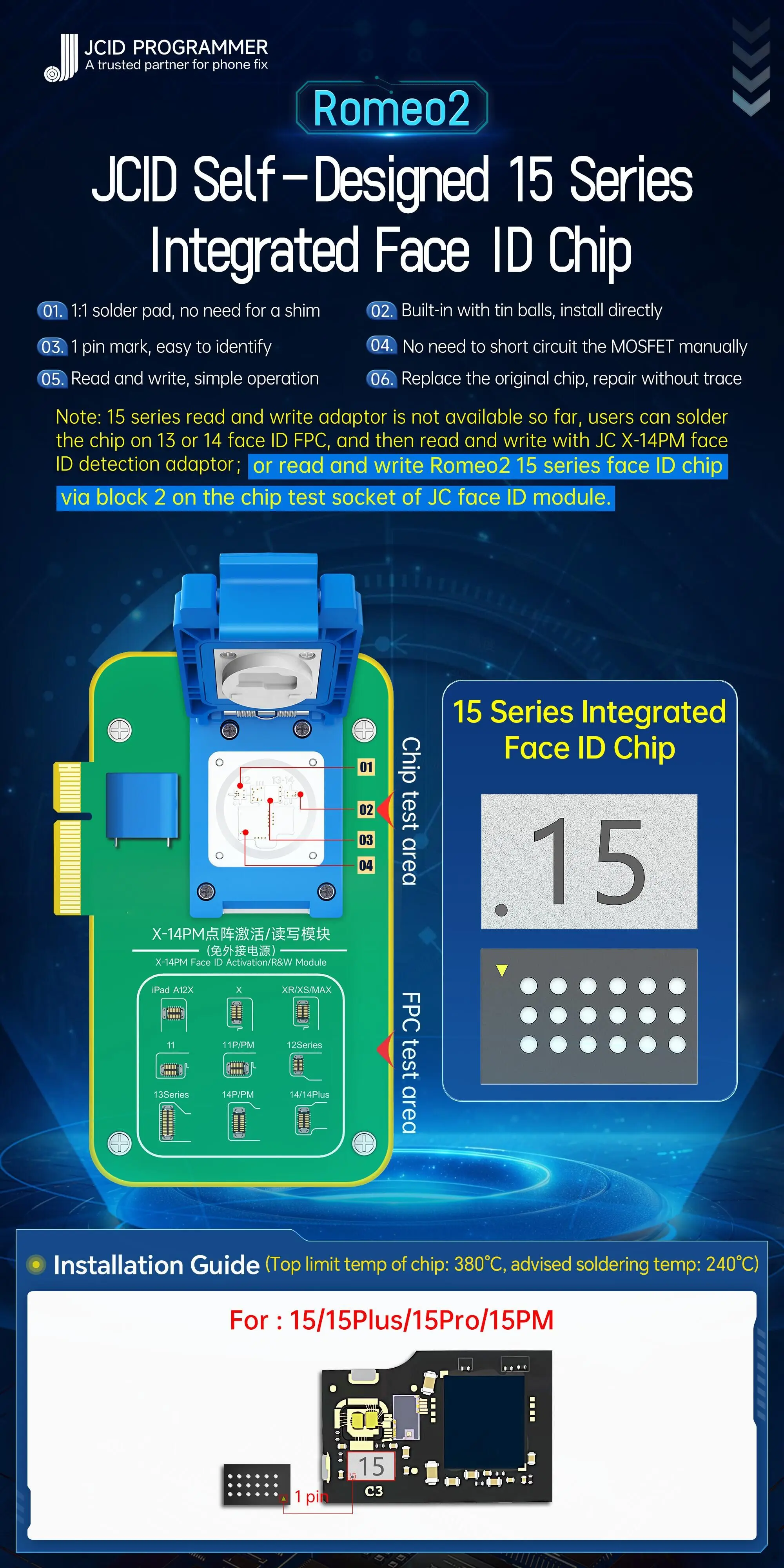 

JCID Remeo2 Dot Projector Chip JC Face Universal Integrated IC dot matrix lattice for iPhone X-15 iPad Pro 3/4/5 Face ID Repair