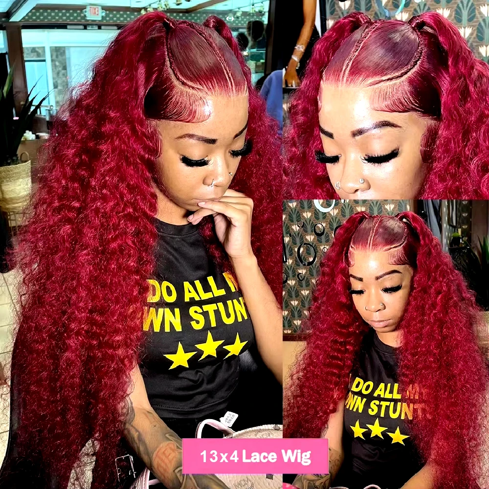 Wholesale Burgundy 30-40 Inch 99J Deep Wave 13x4 Lace Front 13x6 Red Curly Wigs Women High Density Long Length Human Hair Wig 3