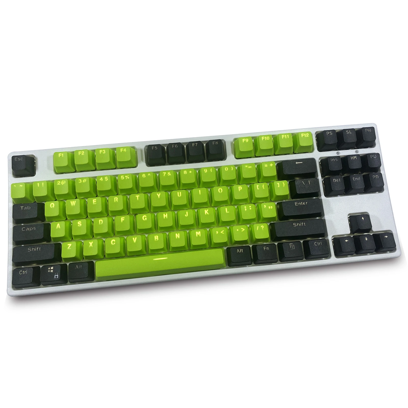 

black green 87 Keycaps, PBT Material OEM Height Mechanical Keyboard Keycaps, Double Backlit Characters, Transparent Game Keycaps