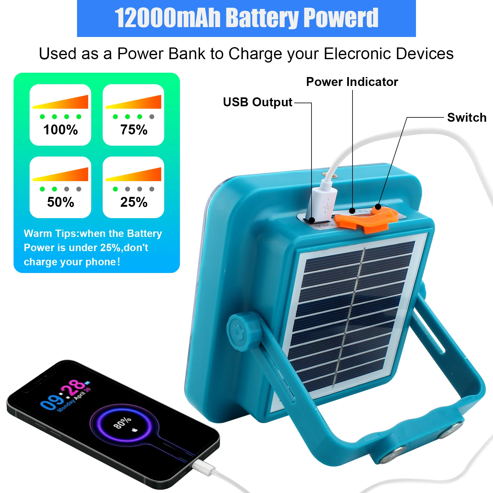 12000mah Portable Solar Lantern LED Tent Light Rechargeable Lantern Emergency Night Market Light Outdoor Camping Bulb Lamp