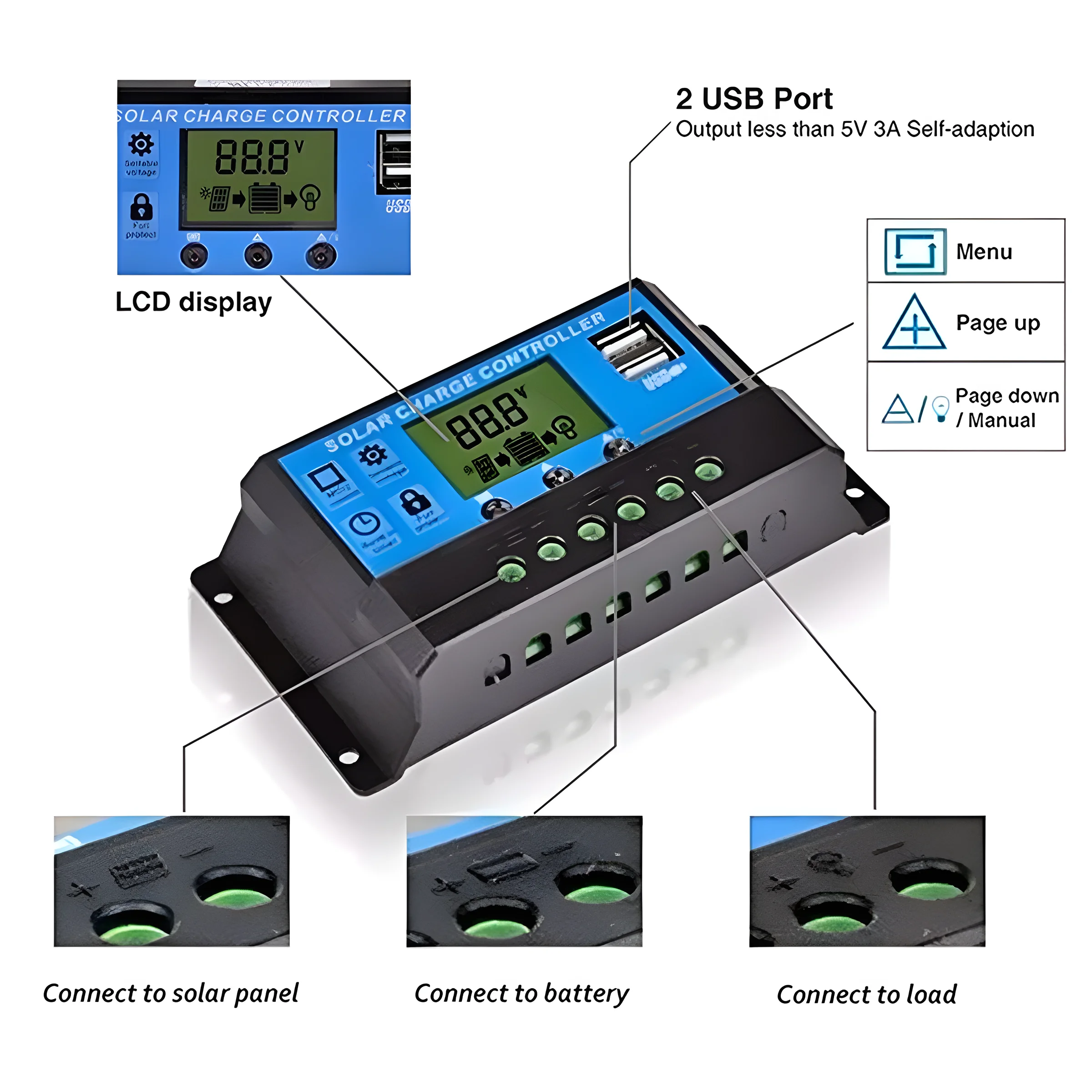 Solar Charge and Discharge Controller LCD Display Dual USB Automatic Solar Panel Charger Regulator 5V-24V Voltage Regulator solar charger