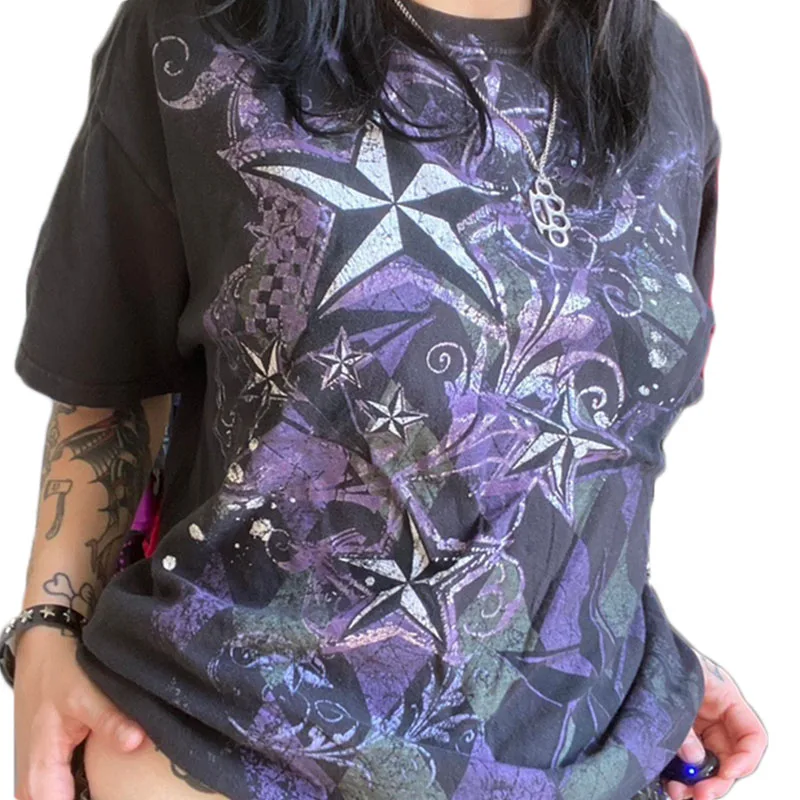 Camiseta Cyber Y2K de los años 2000 para mujer, con estampado de calavera, cuello redondo, manga corta, ropa estética E-Girl, ropa gótica para centro comercial, ropa urbana
