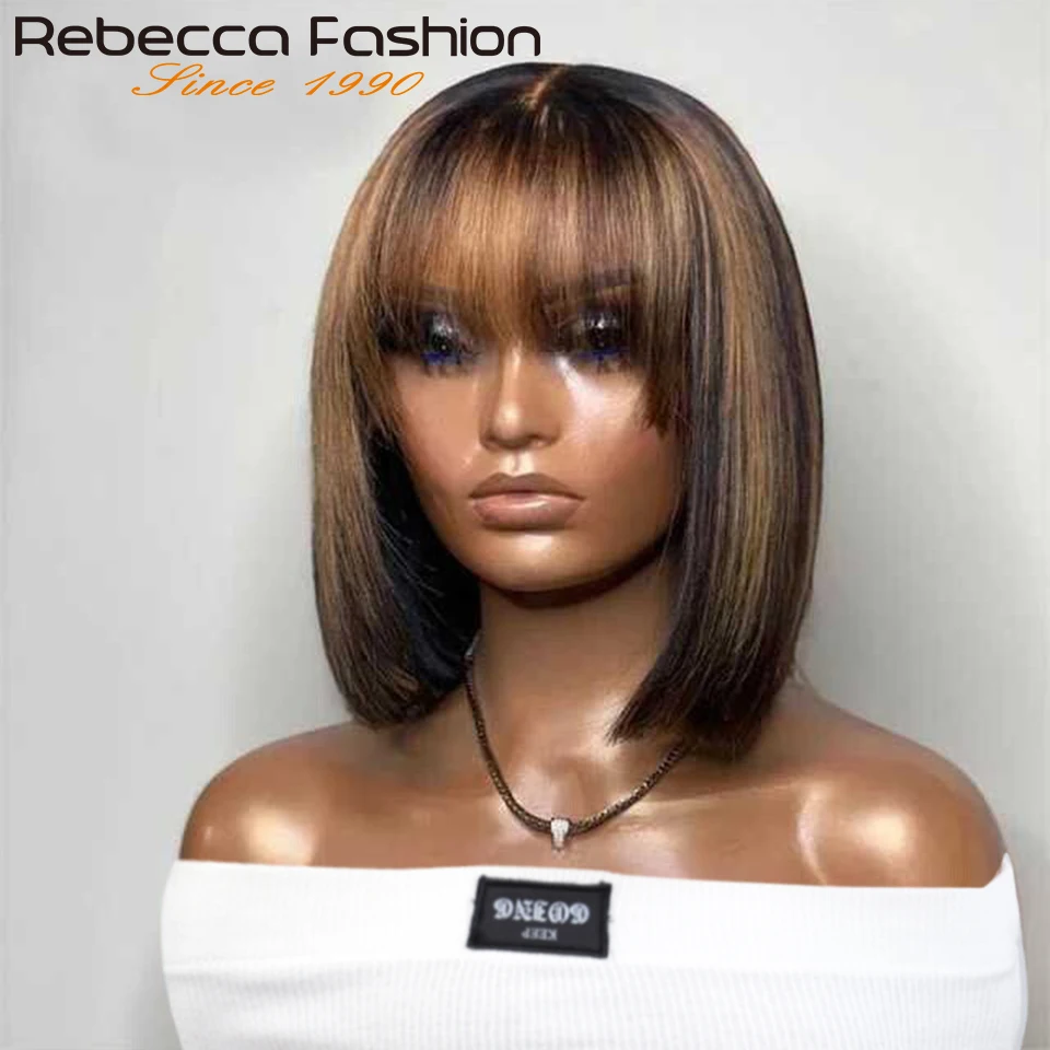 

Rebecca Short Cut 180D Highlight Bob Wigs P4/30 Straight Human Hair Wig With Bangs Remy Human Hair Wigs Full Machine Made 99J 1B