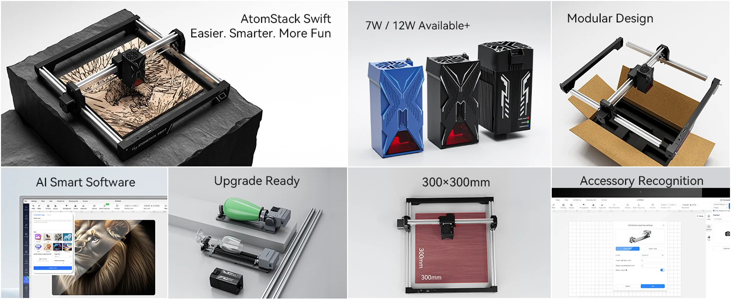 ATOMSTACK Swift 12W Tragbarer Lasergraveur 300x300mm 10000mm/min DIY Laserschneid- und Graviermaschine für Holz und Metall – Detail 1