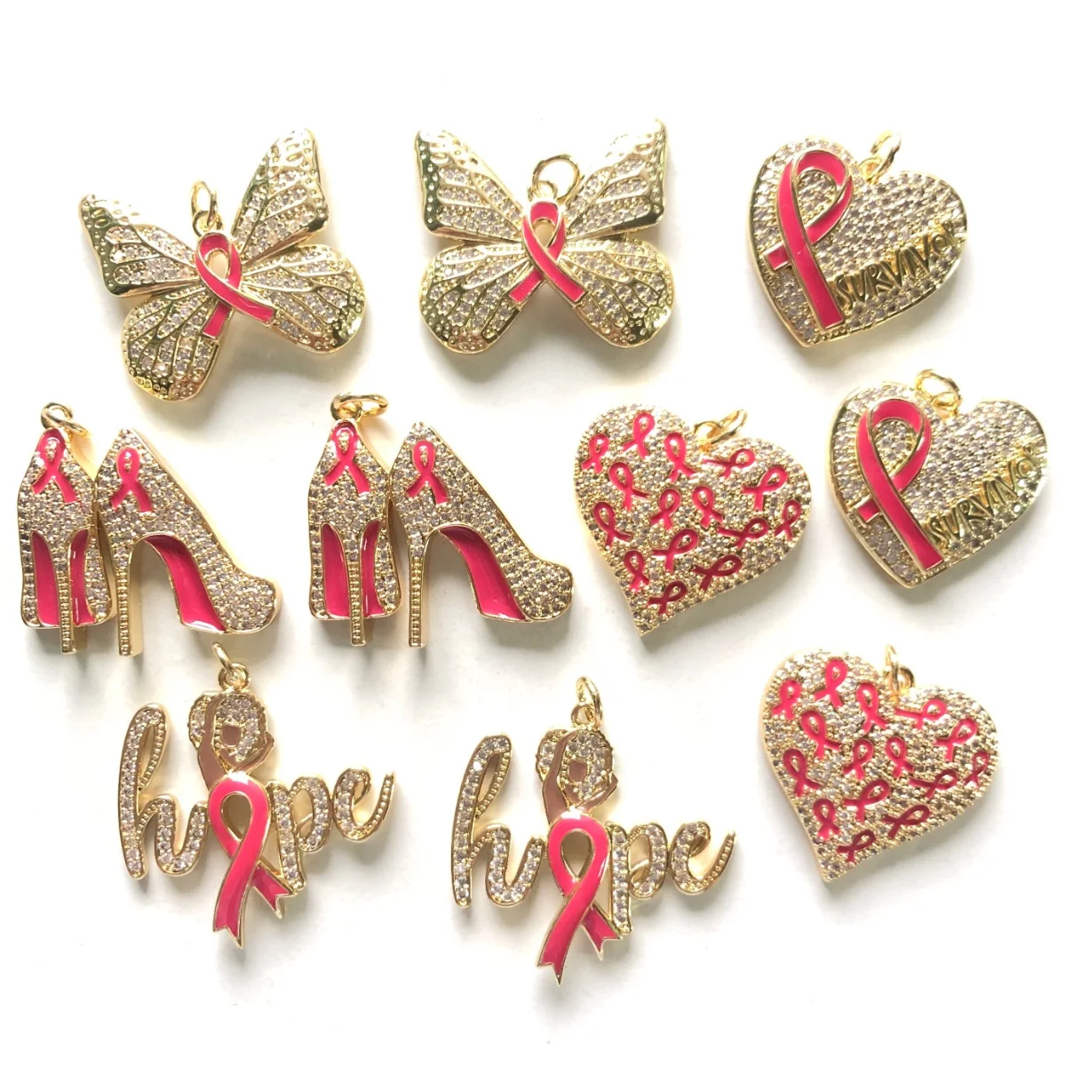 

10pcs Micro Pave Pink Ribbon Butterfly Heart High Heel Hope Charms Bundle Breast Cancer Awareness Pendant for Jewelry Making