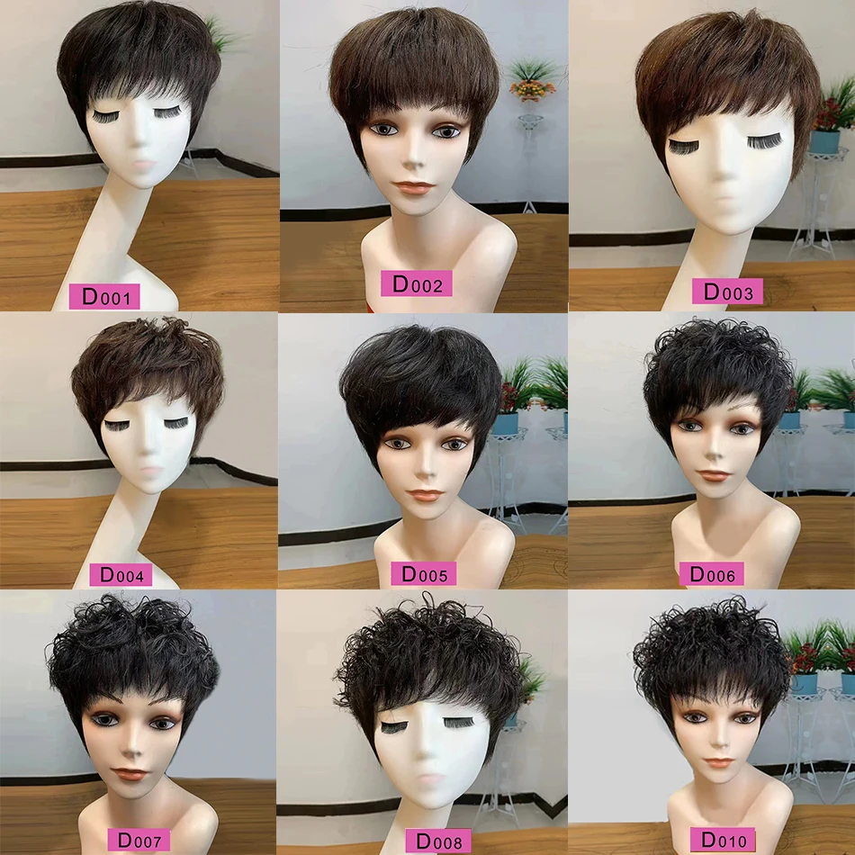 SOVO Natural Color Short Bob Human Hair Wigs With Bangs Brown Black Pixie Cut Curly Cheap Virgin Human Hair Wig With Lace Topper