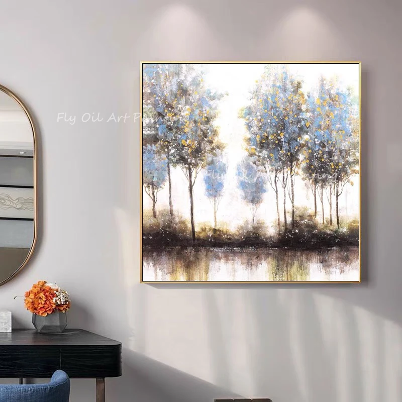 

100% Handmade silver tree forest landscape picture square thick modern oil painting no frame wall decor picture as a gift