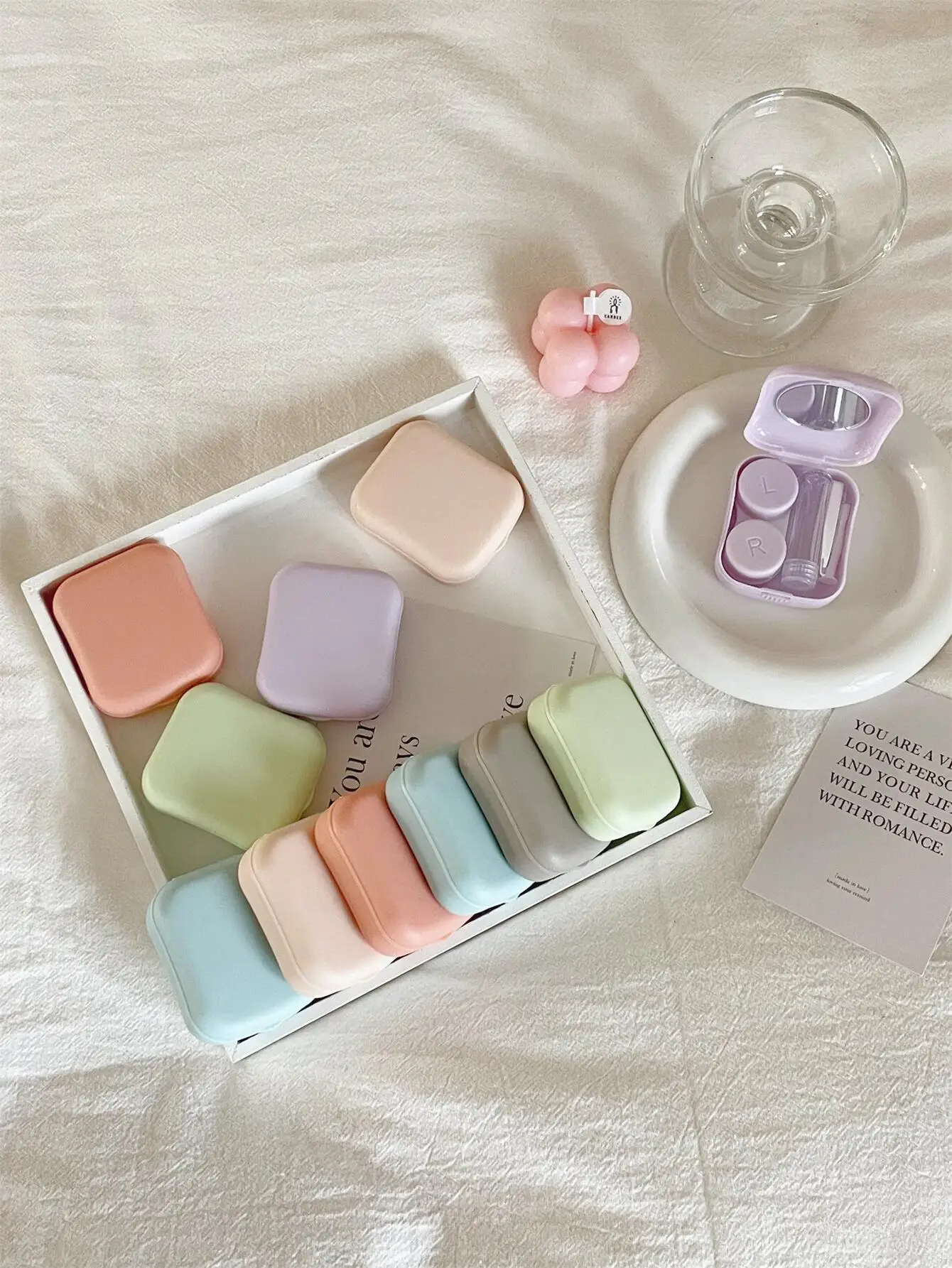 Matte Minimalist Contact Lens Case-Compact Aesthetic Design with Mirror & Tweezer, Portable Travel Essentials for Colored Lens