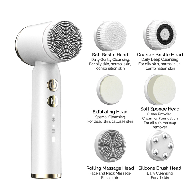 Wireless Hot Cool Facial Cleansing Brush Massager Face Washing Cleaning 6 in 1 Ultrasonic Face Cleansing Brush