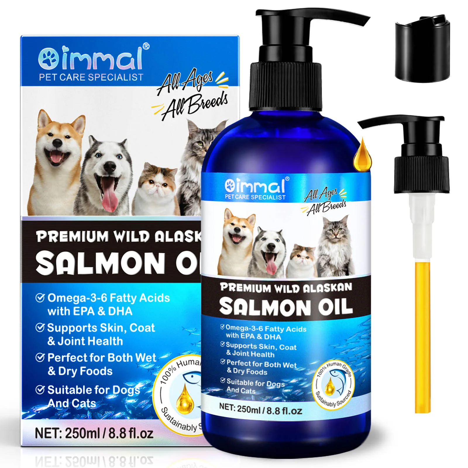 Premium Wild Alaskan Salmon Oil Omega-3-6 Fatty Acids with EPA DHA Supports Skin Coat Joint Health for All Ages Breeds Dogs Cats pet nutrition supplement