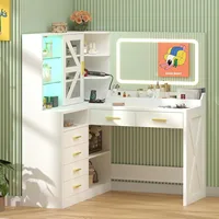 L-Shaped Corner Vanity Desk with LED Lighted Mirror & Charging Station, White Makeup Vanity with 6 Drawers & Sliding RGB Cabinet 3
