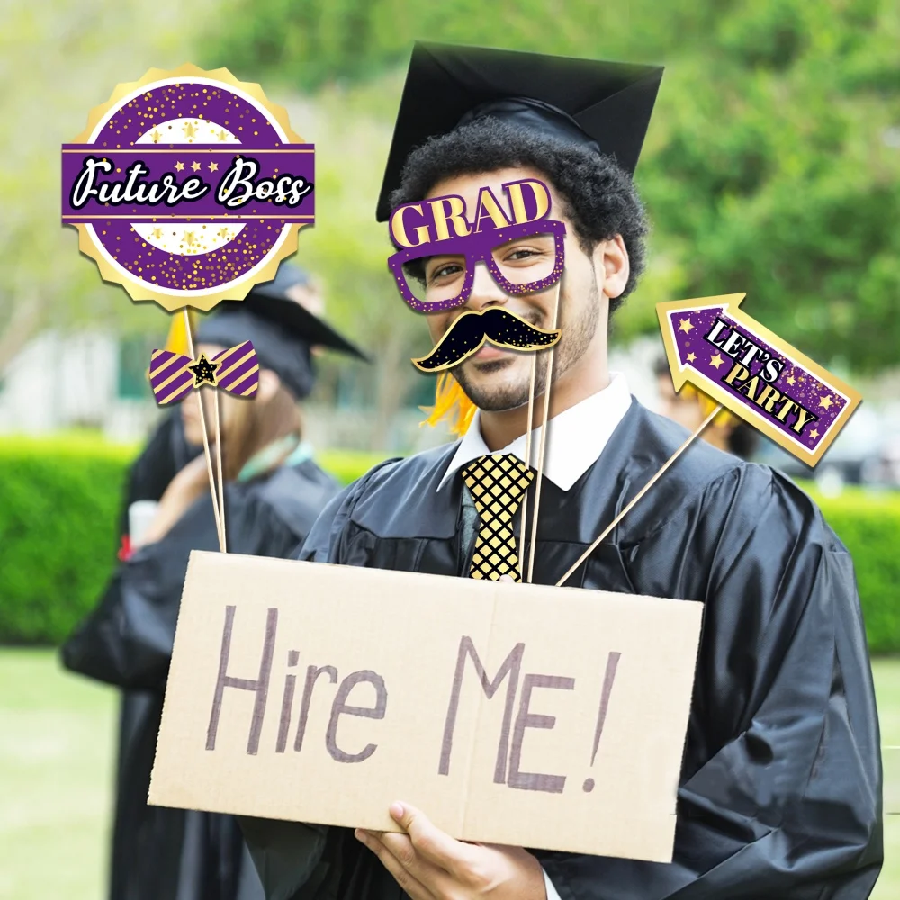 30pcs graduation season photo booth props purple paper handheld sign for graduation celebration party decorations etc.