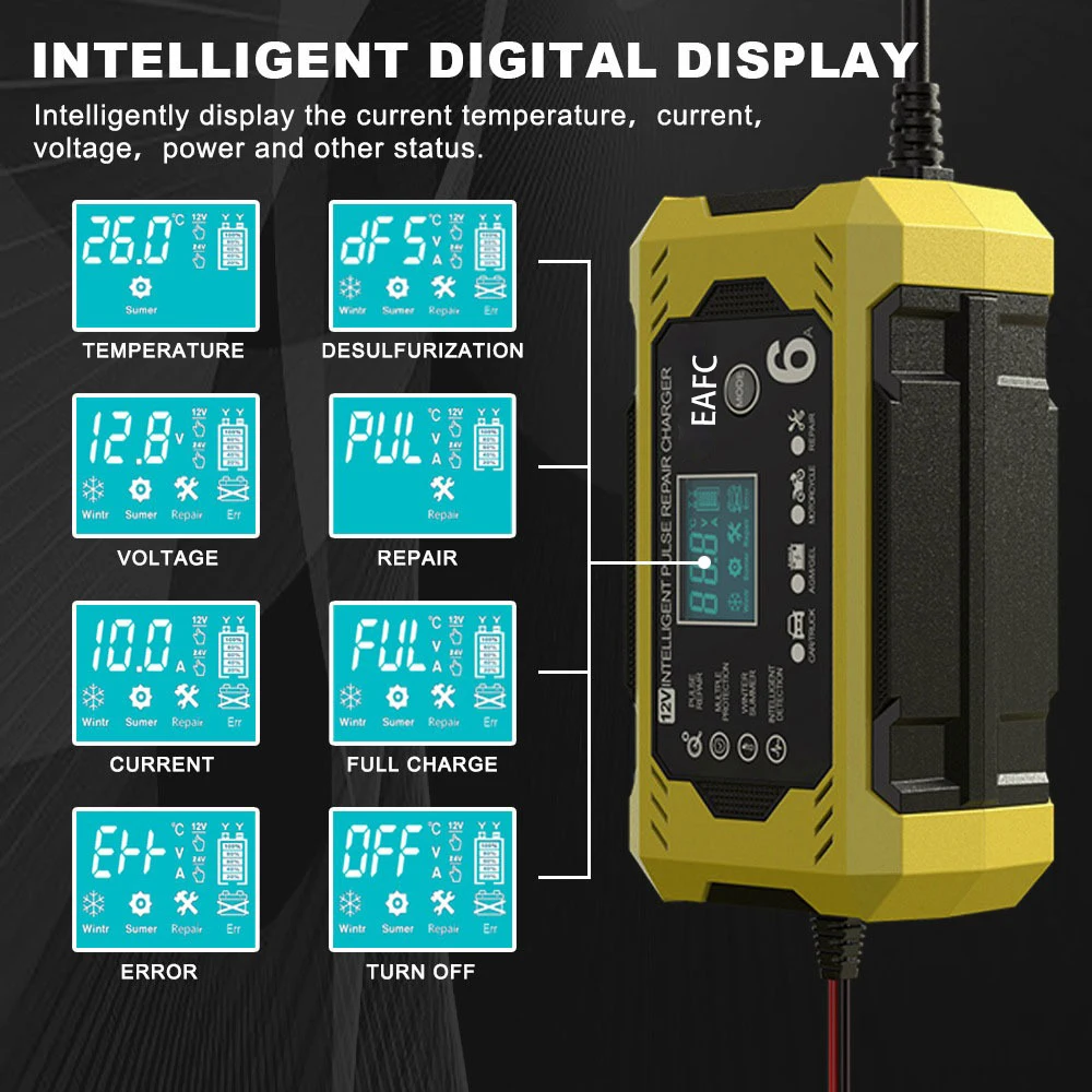 EAFC Autobatterieladegerät 6A 12V Auto- und Motorradbatterieladegerät Blei-Säure-Batterie Smart Repair LCD-Display – Detail 4