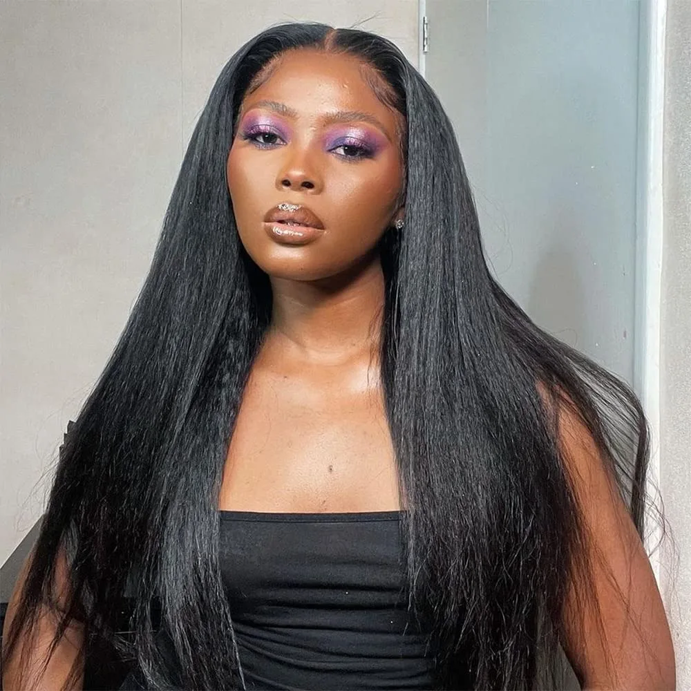 Kinky Straight Yaki Lace Front Human Hair Wig Skinlike Texture 13x4 HD Transparent Lace Pre Plucked Natural Hairline 250 Density 4