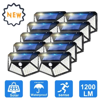 야외 태양광 센서 모션 라이트, 야외 무선 램프, IP65 방수 벽 조명, 100 LED, 3 가지 모드, 최신