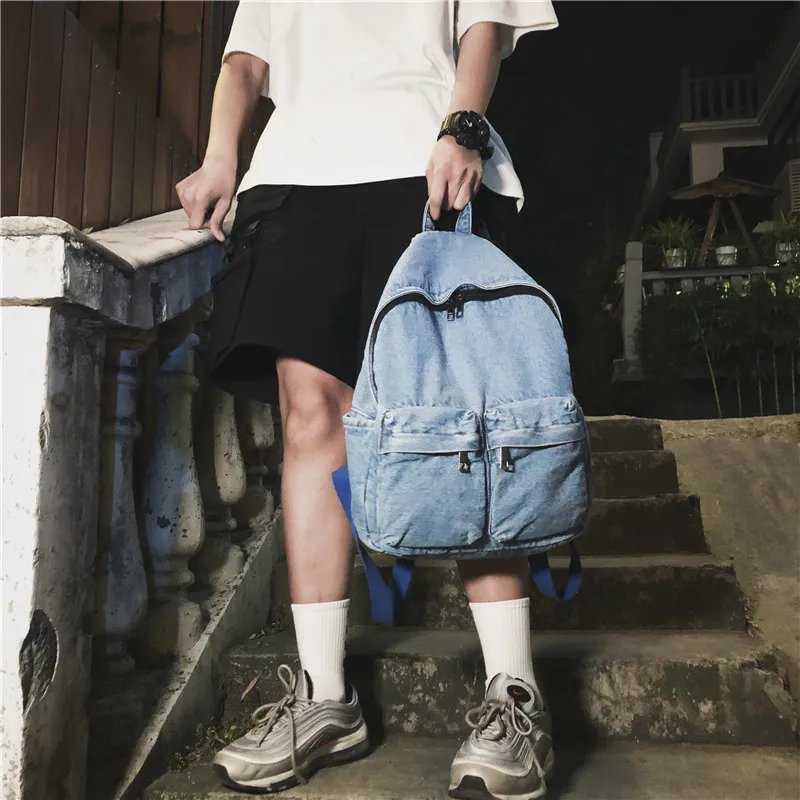 Washed Denim Backpack Women Mens Literature And Art Vintage Jean Backpack Large Capacity Shoulders Bag