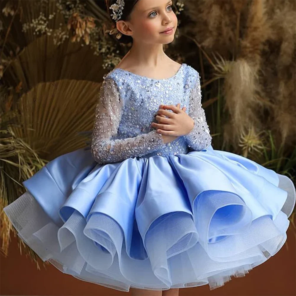 

Summer Girls Blue Sequin Short Dresses Satin Mini Kids Flower Wedding Princess Party Children Clothing Vestidos Costume