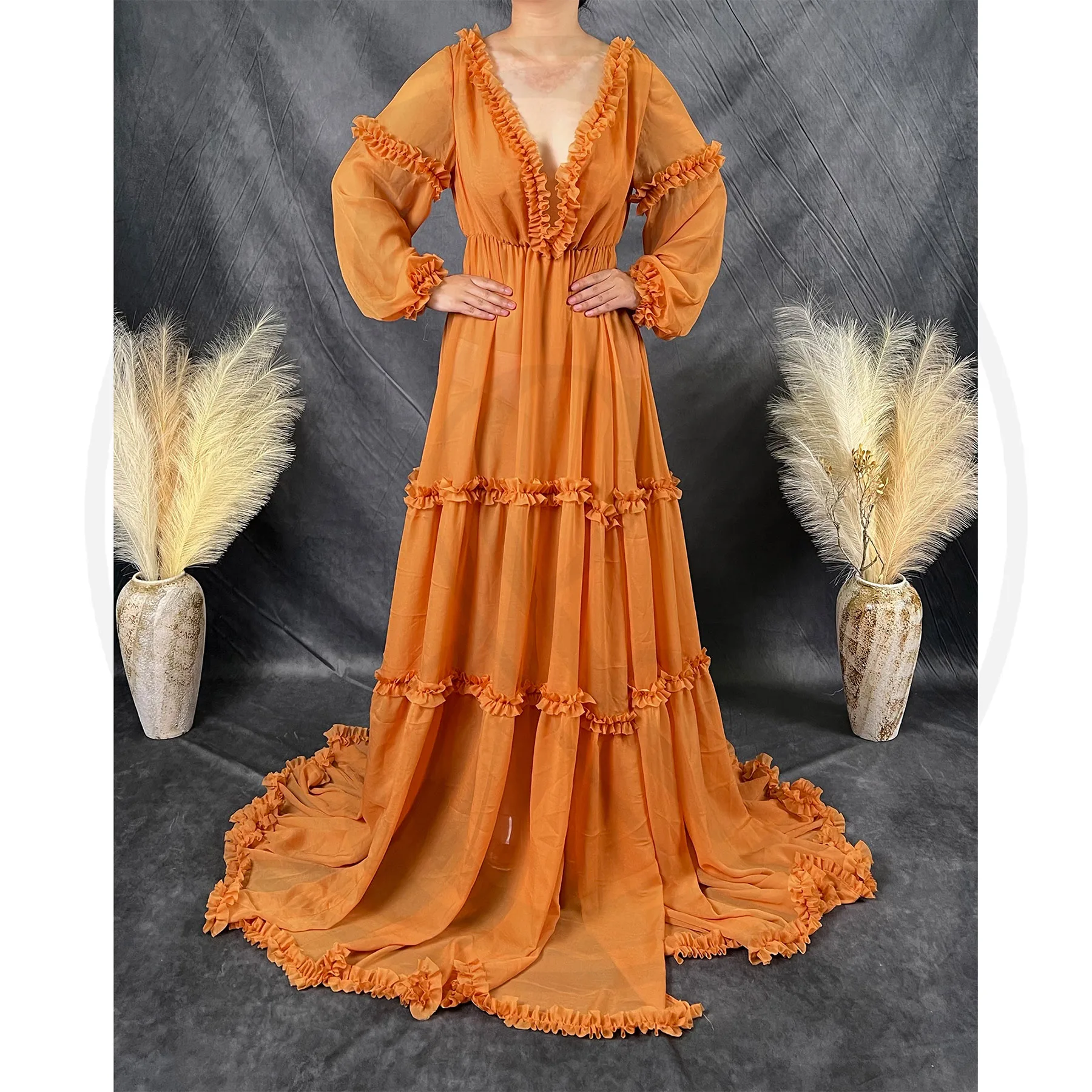 Don&Judy Boho-Kleid mit V-Ausschnitt, rückenfrei, Rüschen, für die Schwangerschaft, elegante Abend-Hochzeitskleider, Umstands-Fotoshooting-Kleidung – Detail 5