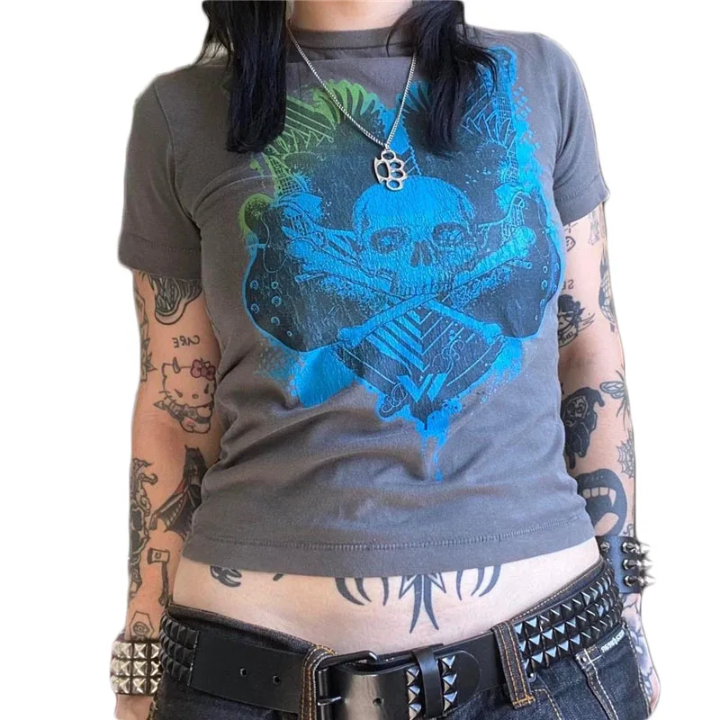 Camiseta Cyber Y2K de los años 2000 para mujer, con estampado de calavera, cuello redondo, manga corta, ropa estética para chicas E, ropa gótica para centro comercial, ropa urbana