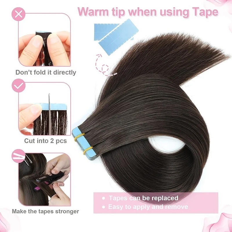Alimice 20pcs Straight Tape In Hair Extensions Human Hair Extensions #2 Dark Brown 50g