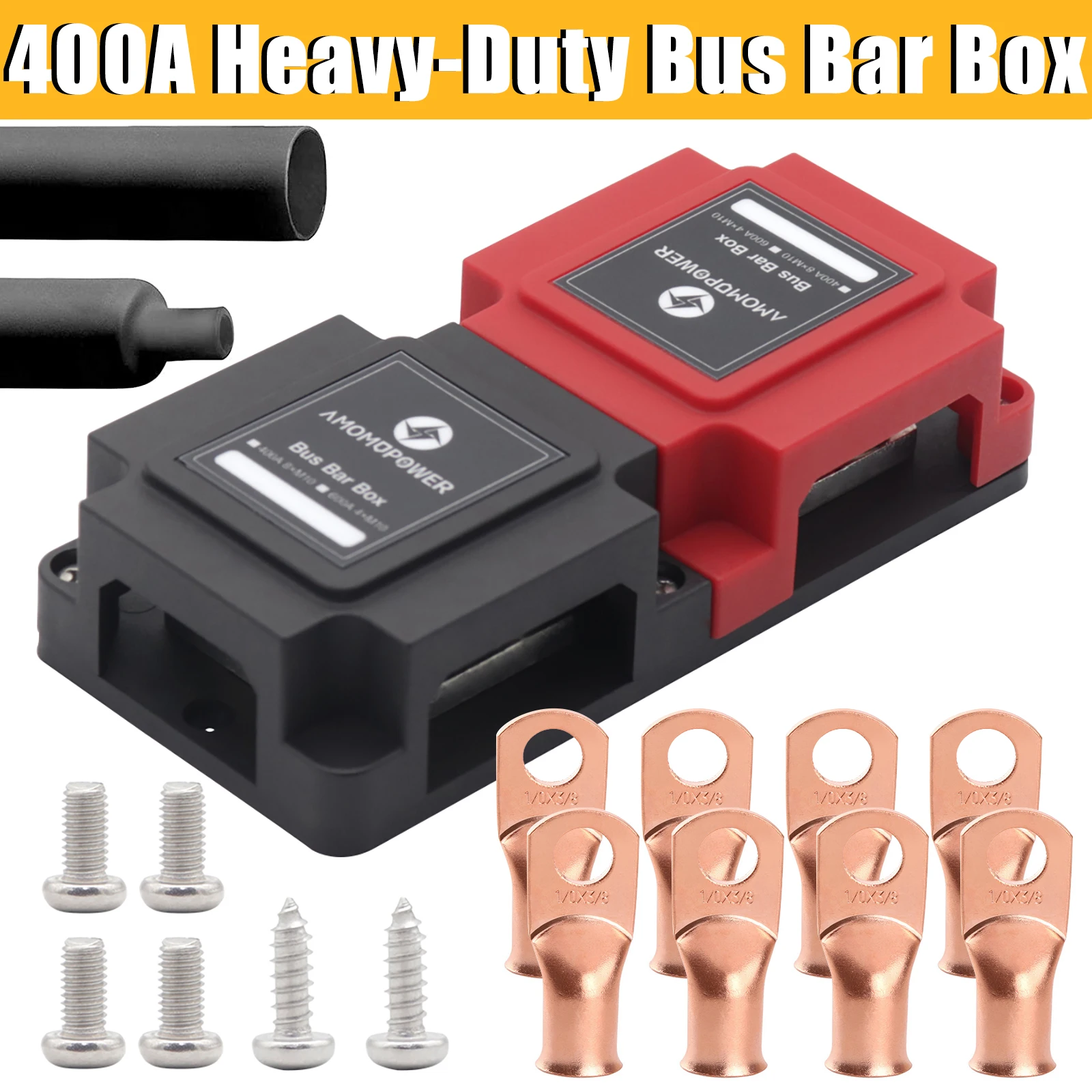 GIE.TOP 48V DC 400 Amp Bus Bar Box Copper Made Heavy-Duty Module with 8 X 3/8" (M10) Studs Terminals Battery Distribution Block power distribution block bus bar box