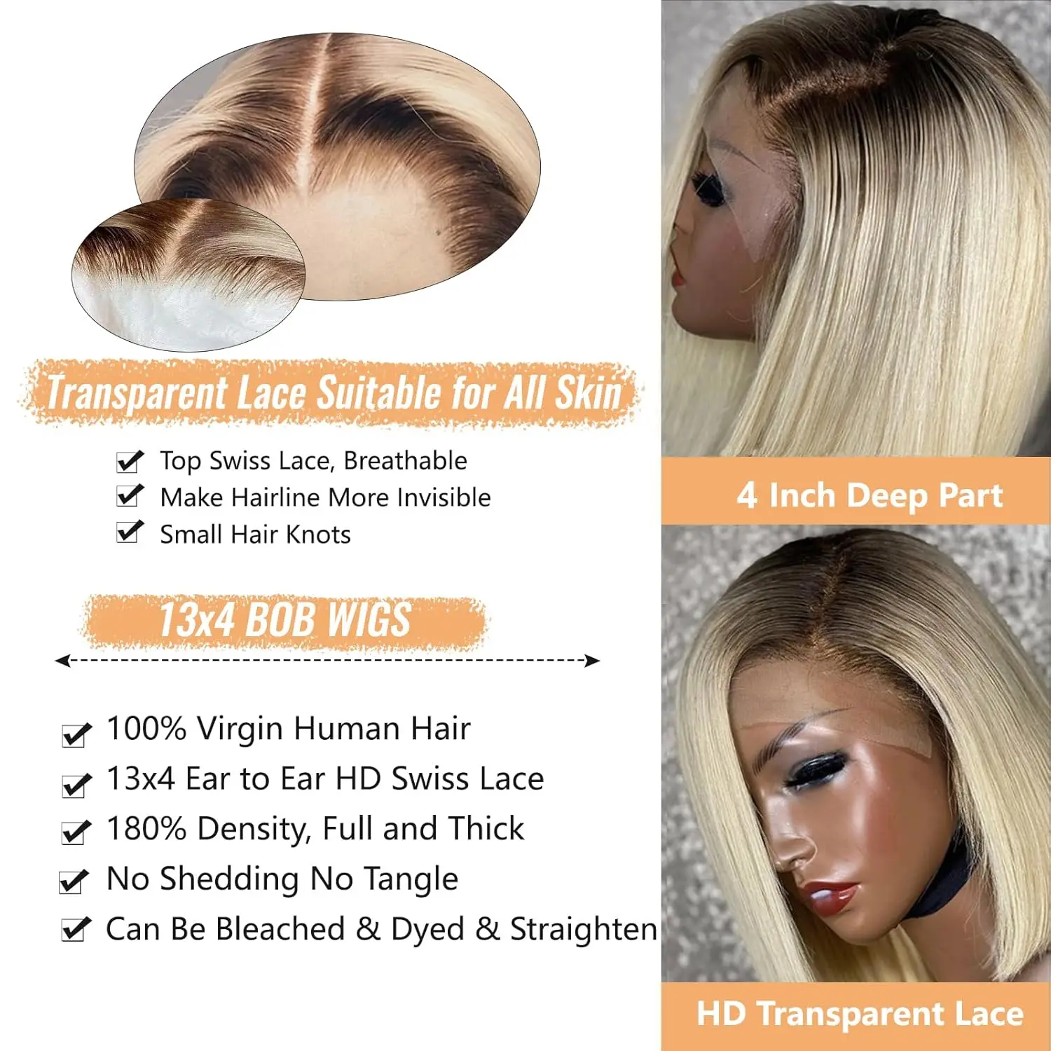 4/613 Blonde Short Bob Wig Front Human Hair Wigs 13X4 Honey Blonde Dark Root Colored Short Bob Lace Frontal Wig Transparent Lace
