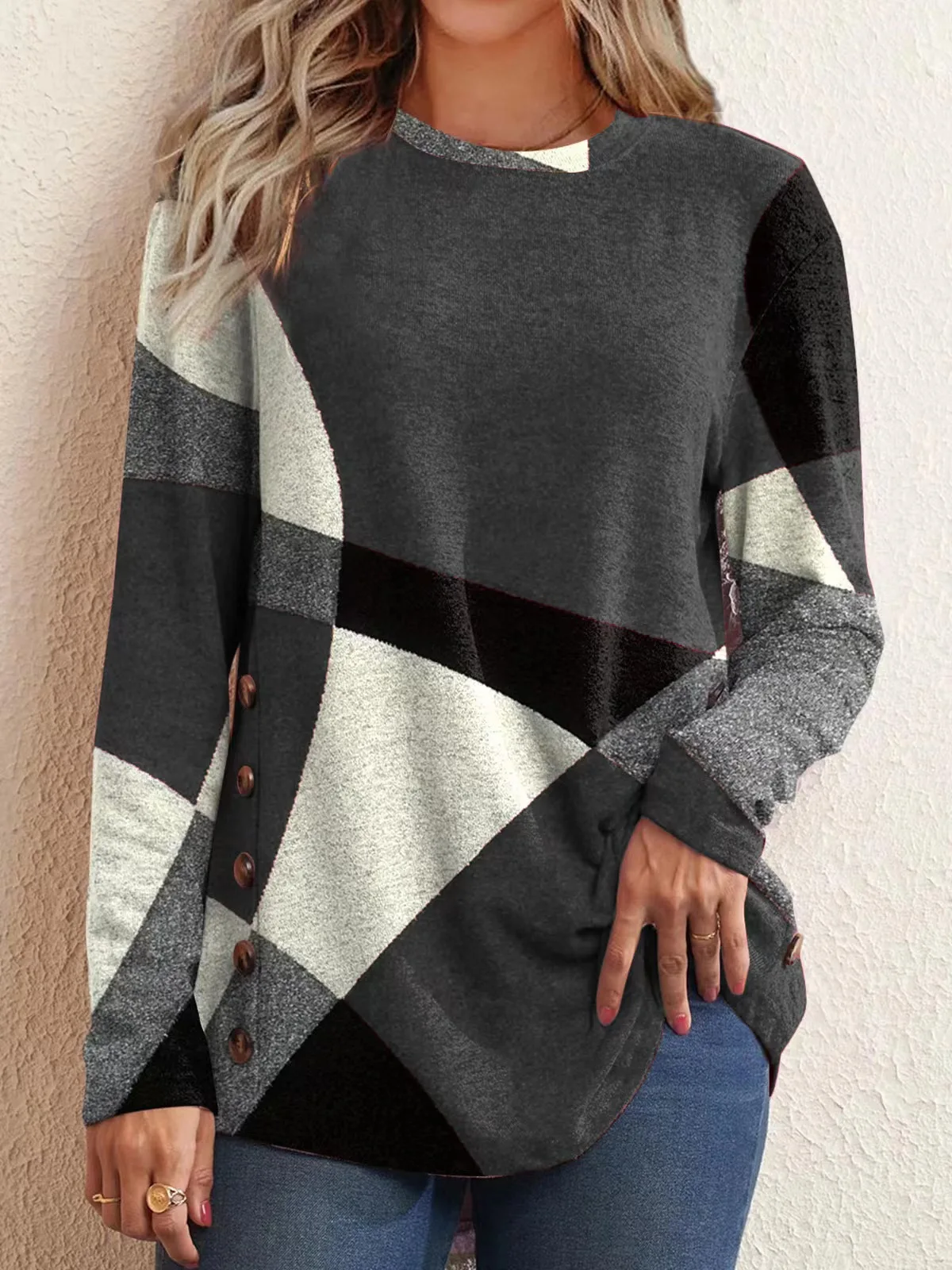 European and American Women Casual Color Block Long Sleeve Buttons Top Dressy Casual Geometric Tunic Tops Crewneck T761_voghion.com