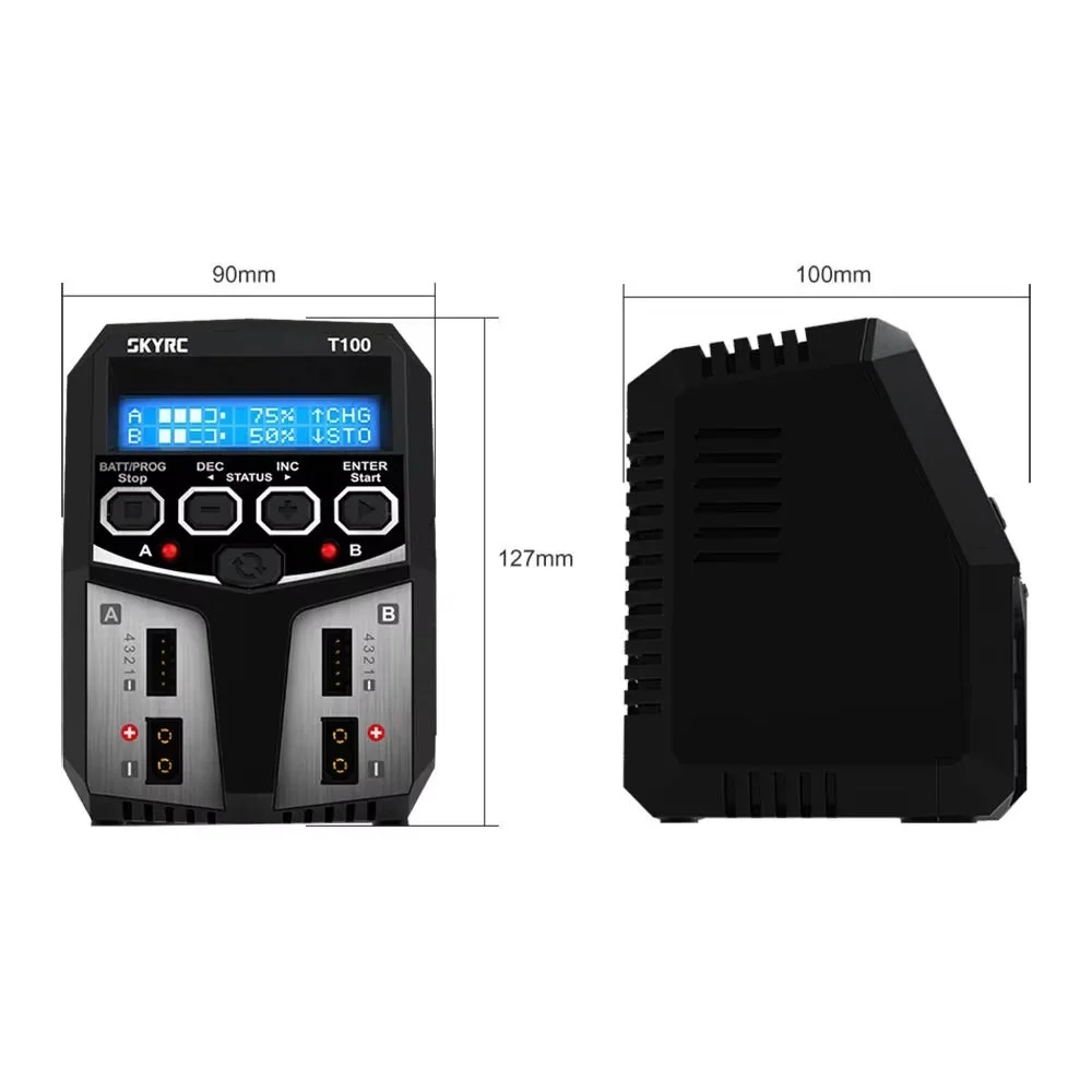 Chargeur RC 50W 2 canaux connecté à une batterie LiPo, écran LCD indiquant la tension et le courant
