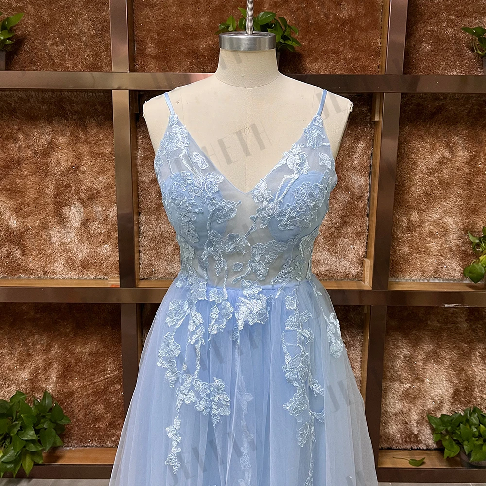 Jeheth Applique Ballkleid blau moderne Spaghetti träger V-Ausschnitt A-Linie Tüll Abendkleid lang drapiert rücken frei Party فساتين مناسبة Aufkleberballkleid blau moderner spaghetti mit band v a-draht dünnes abendkleid – Detail 5