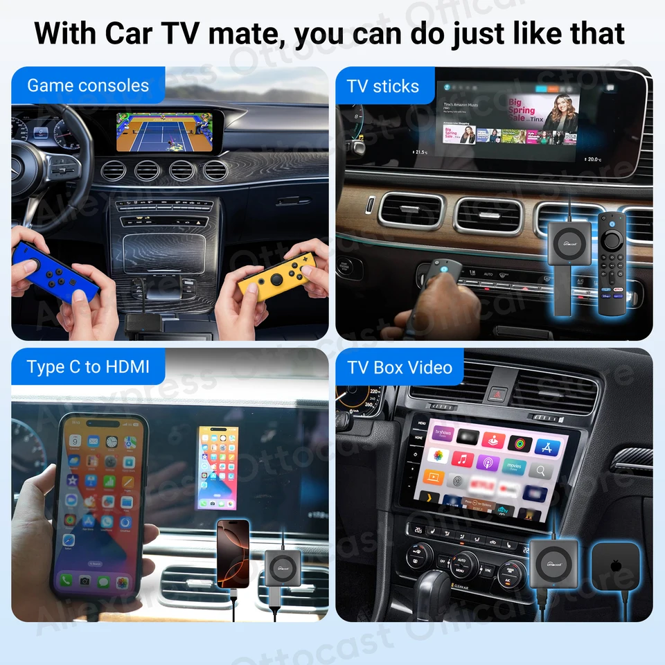 OTTOCAST Car TV Mate Pro, Carplay Wireless Adapter Plug & Play For TV Sticks, Screen Launcher, Game Consoles, HDMI Multimedia Adapter For Cars With Wired CarPlay