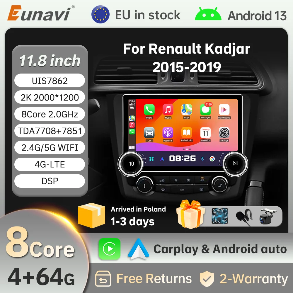 11.8-calowe radio samochodowe Eunavi 2Din z Androidem 13 do Renault Kadjar DSP RDS Nawigacja GPS Auto 4G BT CarPlay UI7862 Multimedia