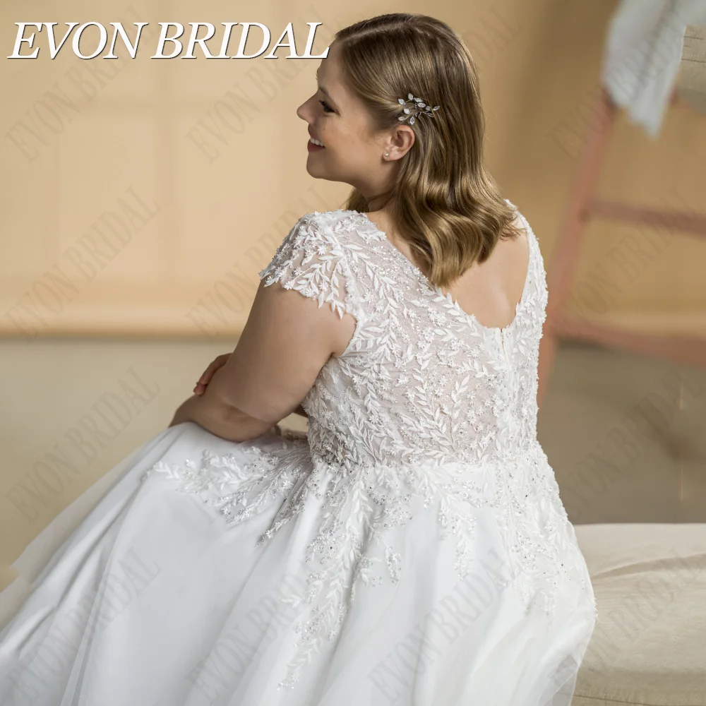 EVON BRIDAL Modern Wedding Dresses Cap Sleeves Double V-Neck Bride Gowns Applique A-Line Side Split Tulle vestidos de novia