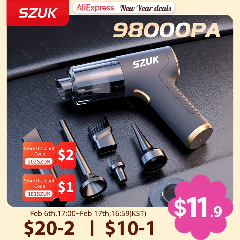 SZUK 98000PA 미니 자동차 진공 청소기, 강력한 청소 기계, 휴대용 자동차 및 가전 무선 청소기 