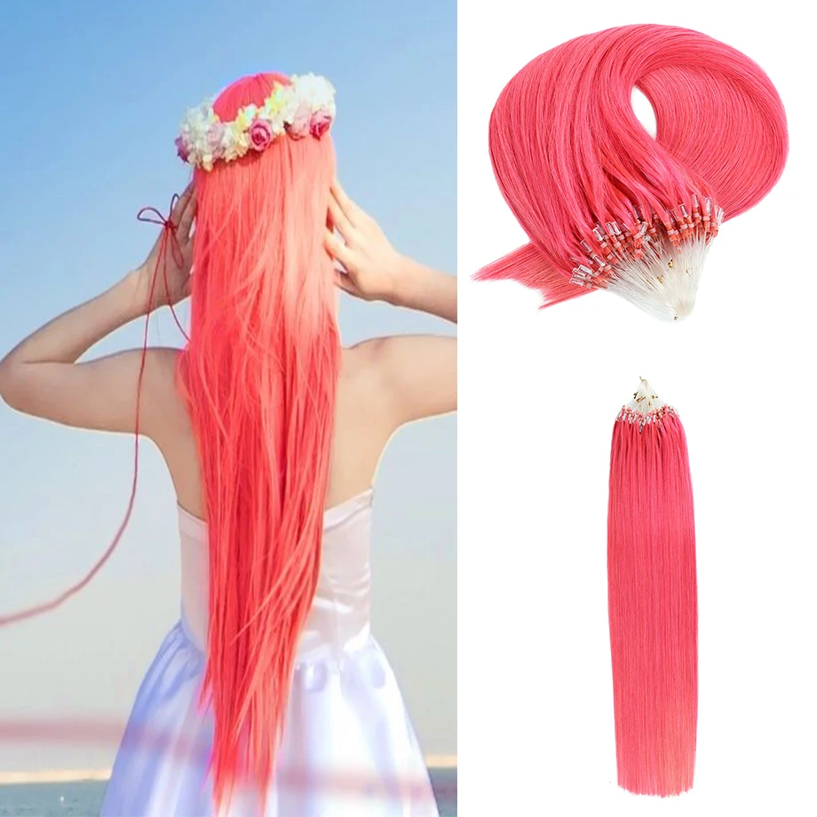 Pink Micro Loop Hair Extensions Real Human Hair Natural Straight