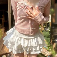 Women Kawaii Lolita Shorts Skirt 2024 Summer Ruffles Layered Patchwork High Waist Mini Skirts Girl Sweet White Pleated Skirt