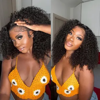 Jerry Curly 180 Density Human Hair Wigs for Women 14-30 Inches Lace Frontal Pre Plucked Natural Black Color Afro Human Hair Wig - Image 4