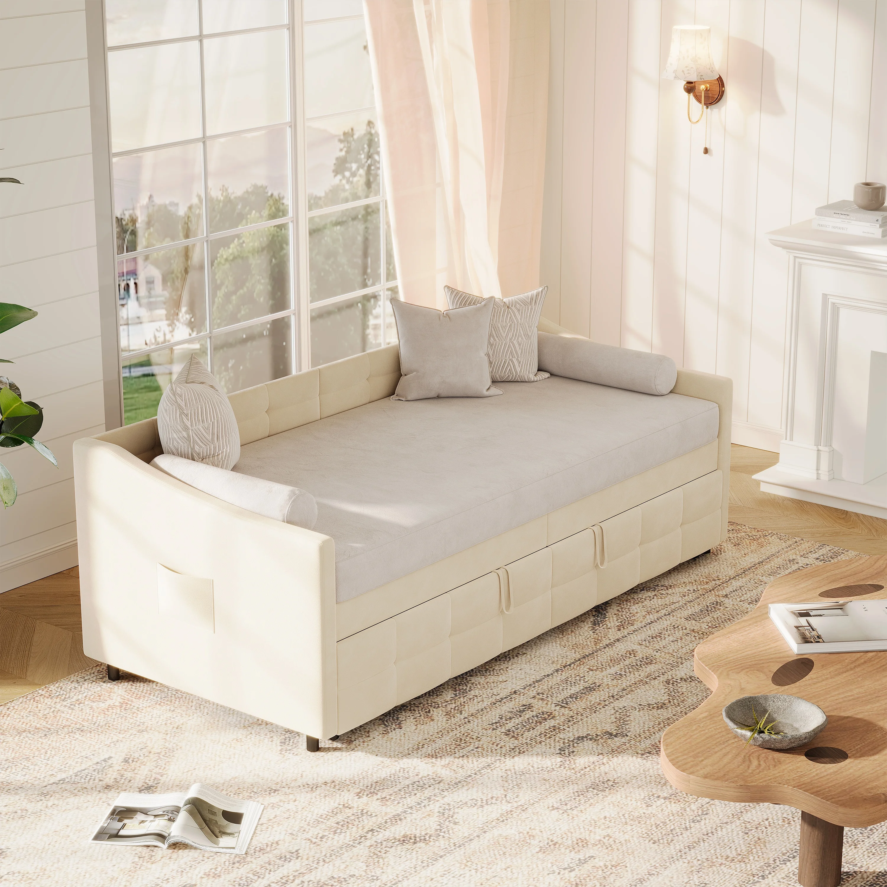 2-Sitzer-Schlafsofa, gepolstertes Schlafsofa, 90/180 x 200 cm, platzsparendes Design mit Lattenrost, Matratze nicht im Lieferumfang enthalten – Detail 9