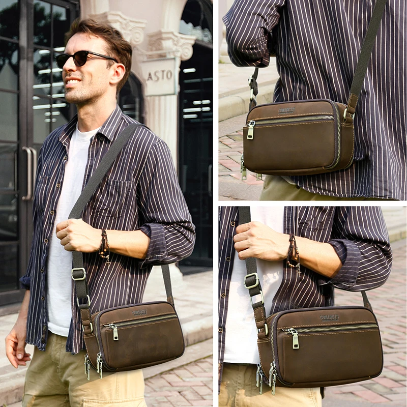 CONTACT'S Genuine Leather Men's Bag Small Messenger Bag Vintage Crossbody Bags Travel Strap Shoulder Bags Handbag Male Luxury